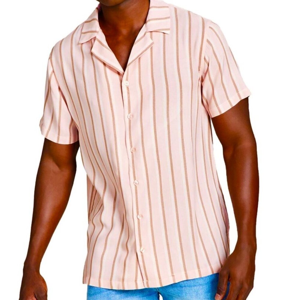 NEW! Mens AND NOW THIS Button Down Shirt Striped‎ Peachy Small Rayon Collared XL